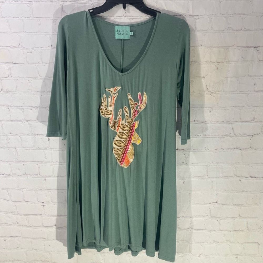 Judith March Shift Deer Applique Green Dress 3/4 Sleeves sz S MRSP $88.00